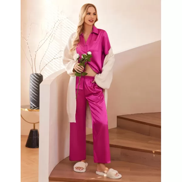 Ekouaer Silk Pajamas Womens Satin Button Down Shirts Pjs Wide Leg Long Pants Sleepwear 2 Piece Lounge Set with PocketsHot Pink