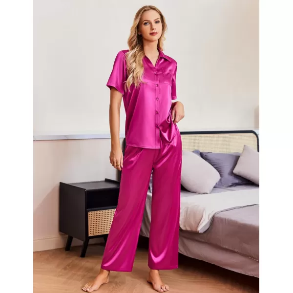 Ekouaer Silk Pajamas Womens Satin Button Down Shirts Pjs Wide Leg Long Pants Sleepwear 2 Piece Lounge Set with PocketsHot Pink