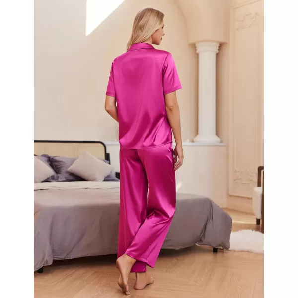 Ekouaer Silk Pajamas Womens Satin Button Down Shirts Pjs Wide Leg Long Pants Sleepwear 2 Piece Lounge Set with PocketsHot Pink