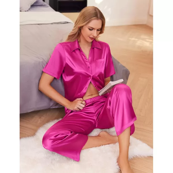 Ekouaer Silk Pajamas Womens Satin Button Down Shirts Pjs Wide Leg Long Pants Sleepwear 2 Piece Lounge Set with PocketsHot Pink