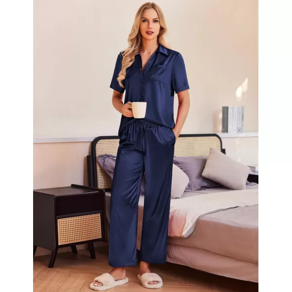 Ekouaer Silk Pajamas Womens Satin Button Down Shirts Pjs Wide Leg Long Pants Sleepwear 2 Piece Lounge Set with PocketsNavy Blue