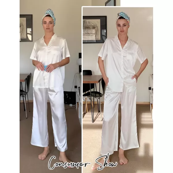 Ekouaer Silk Pajamas Womens Satin Button Down Shirts Pjs Wide Leg Long Pants Sleepwear 2 Piece Lounge Set with PocketsWhite