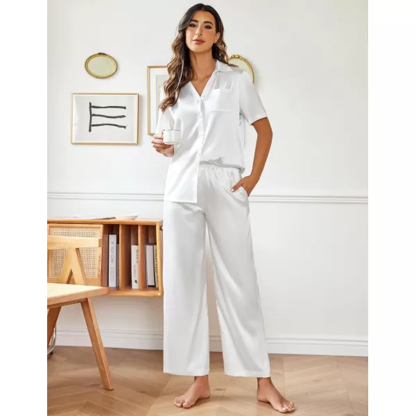 Ekouaer Silk Pajamas Womens Satin Button Down Shirts Pjs Wide Leg Long Pants Sleepwear 2 Piece Lounge Set with PocketsWhite