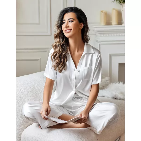 Ekouaer Silk Pajamas Womens Satin Button Down Shirts Pjs Wide Leg Long Pants Sleepwear 2 Piece Lounge Set with PocketsWhite