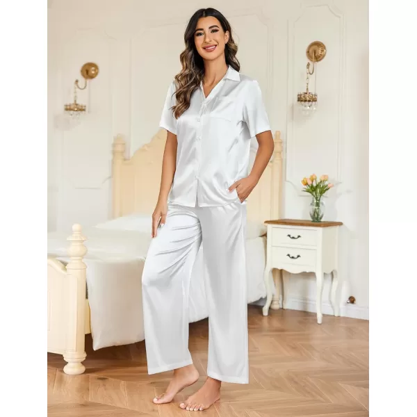 Ekouaer Silk Pajamas Womens Satin Button Down Shirts Pjs Wide Leg Long Pants Sleepwear 2 Piece Lounge Set with PocketsWhite