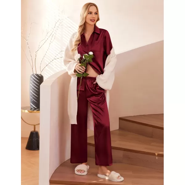 Ekouaer Silk Pajamas Womens Satin Button Down Shirts Pjs Wide Leg Long Pants Sleepwear 2 Piece Lounge Set with PocketsWine Red