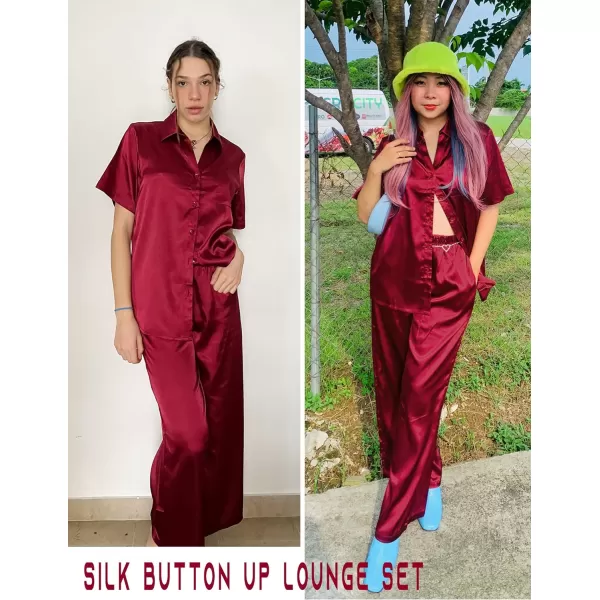 Ekouaer Silk Pajamas Womens Satin Button Down Shirts Pjs Wide Leg Long Pants Sleepwear 2 Piece Lounge Set with PocketsWine Red