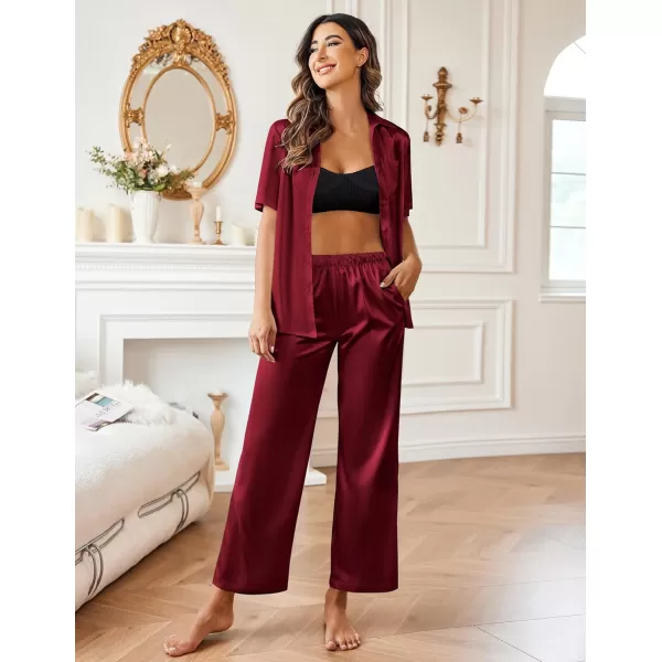 Ekouaer Silk Pajamas Womens Satin Button Down Shirts Pjs Wide Leg Long Pants Sleepwear 2 Piece Lounge Set with PocketsWine Red