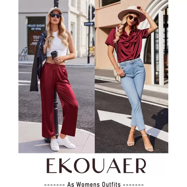 Ekouaer Silk Pajamas Womens Satin Button Down Shirts Pjs Wide Leg Long Pants Sleepwear 2 Piece Lounge Set with PocketsWine Red