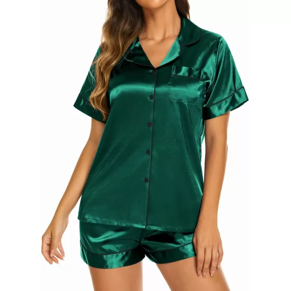 Ekouaer Silk Pajamas Womens Short Sleeve Sleepwear Soft Satin Button Down Loungewear 2 Piece Pjs Shorts Set SXXLDark Green