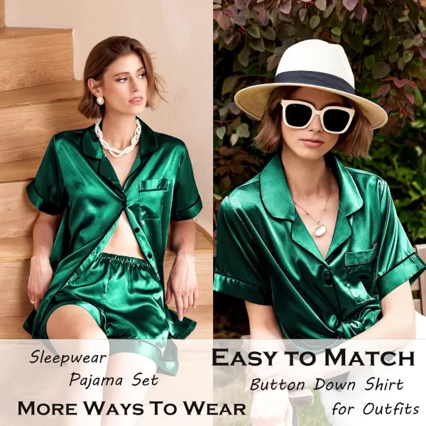 Ekouaer Silk Pajamas Womens Short Sleeve Sleepwear Soft Satin Button Down Loungewear 2 Piece Pjs Shorts Set SXXLDark Green