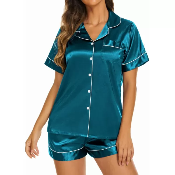 Ekouaer Silk Pajamas Womens Short Sleeve Sleepwear Soft Satin Button Down Loungewear 2 Piece Pjs Shorts Set SXXLLake Blue