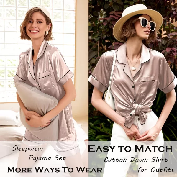 Ekouaer Silk Pajamas Womens Short Sleeve Sleepwear Soft Satin Button Down Loungewear 2 Piece Pjs Shorts Set SXXLLight Brown