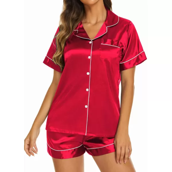 Ekouaer Silk Pajamas Womens Short Sleeve Sleepwear Soft Satin Button Down Loungewear 2 Piece Pjs Shorts Set SXXLRed