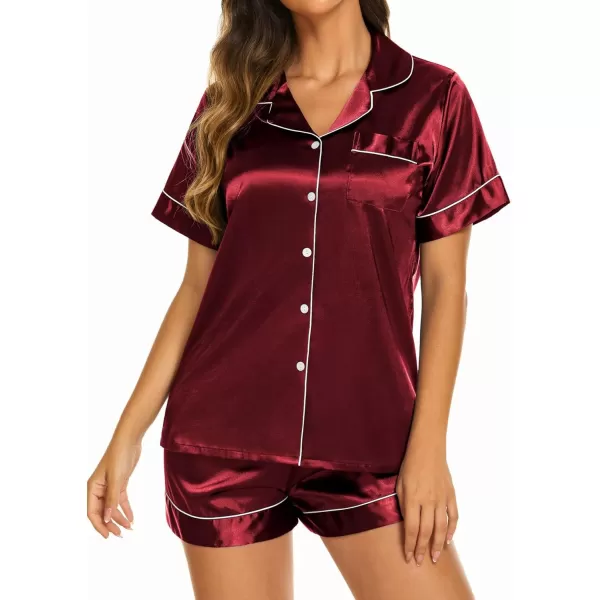 Ekouaer Silk Pajamas Womens Short Sleeve Sleepwear Soft Satin Button Down Loungewear 2 Piece Pjs Shorts Set SXXLWine