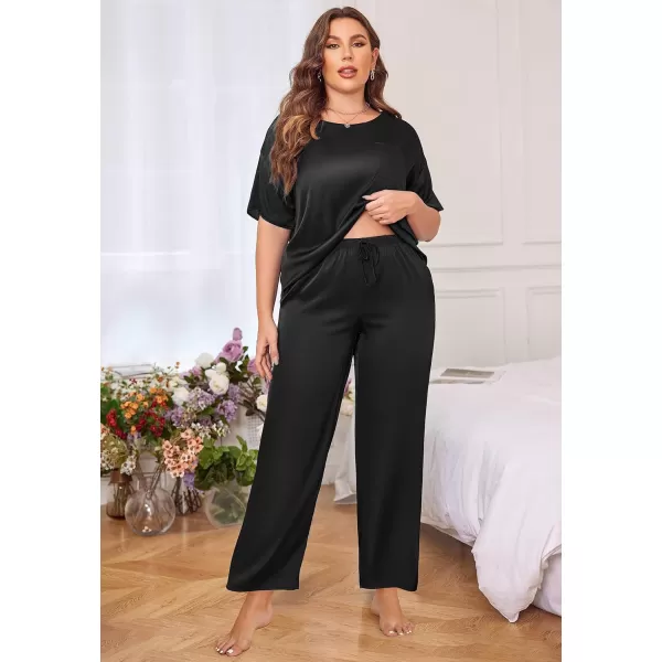 Ekouaer Silk Pajamas Womens Short Sleeve Sleepwear Soft Satin Long Pant Set Loungewear 2 Piece Print Pjs SetPlus Size Black