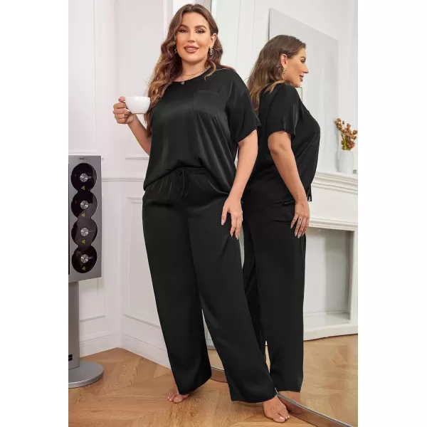 Ekouaer Silk Pajamas Womens Short Sleeve Sleepwear Soft Satin Long Pant Set Loungewear 2 Piece Print Pjs SetPlus Size Black