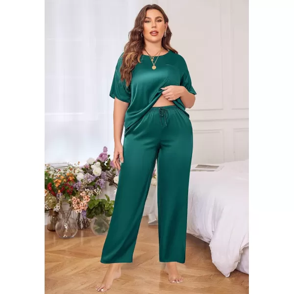 Ekouaer Silk Pajamas Womens Short Sleeve Sleepwear Soft Satin Long Pant Set Loungewear 2 Piece Print Pjs SetPlus Size Green