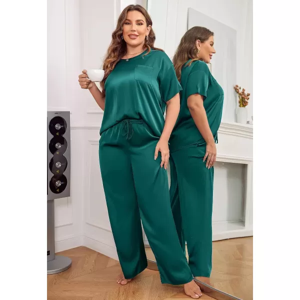 Ekouaer Silk Pajamas Womens Short Sleeve Sleepwear Soft Satin Long Pant Set Loungewear 2 Piece Print Pjs SetPlus Size Green