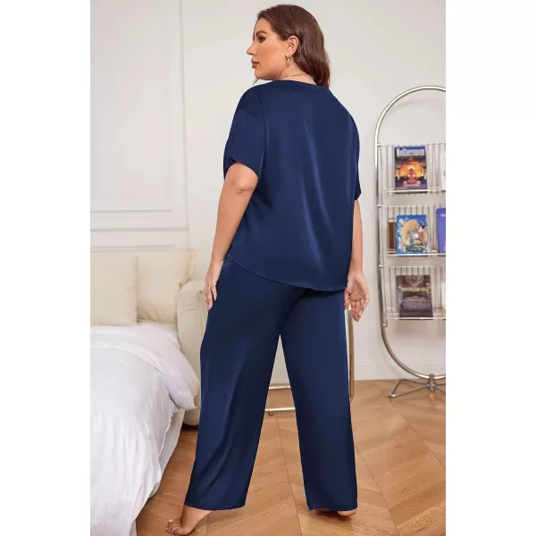 Ekouaer Silk Pajamas Womens Short Sleeve Sleepwear Soft Satin Long Pant Set Loungewear 2 Piece Print Pjs SetPlus Size Navy Blue