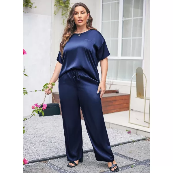 Ekouaer Silk Pajamas Womens Short Sleeve Sleepwear Soft Satin Long Pant Set Loungewear 2 Piece Print Pjs SetPlus Size Navy Blue