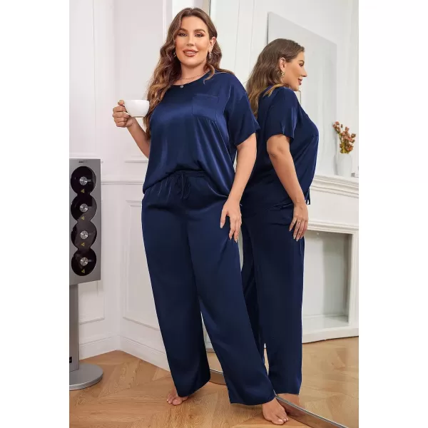 Ekouaer Silk Pajamas Womens Short Sleeve Sleepwear Soft Satin Long Pant Set Loungewear 2 Piece Print Pjs SetPlus Size Navy Blue