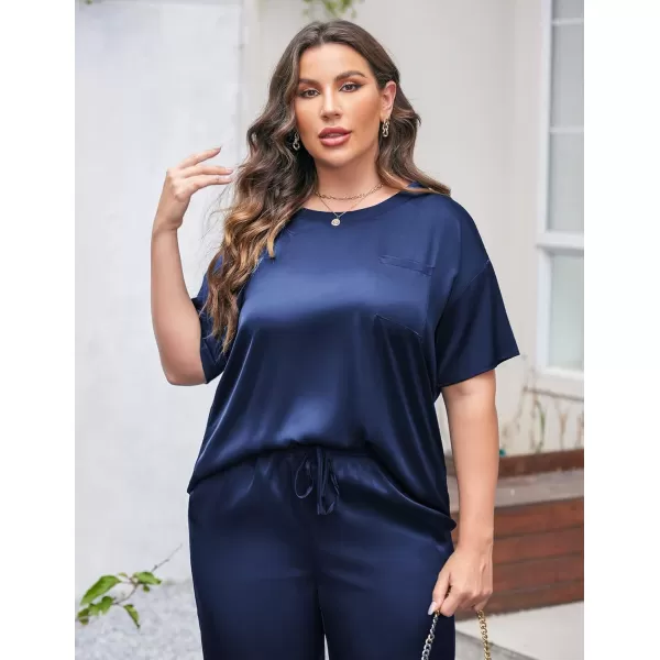 Ekouaer Silk Pajamas Womens Short Sleeve Sleepwear Soft Satin Long Pant Set Loungewear 2 Piece Print Pjs SetPlus Size Navy Blue