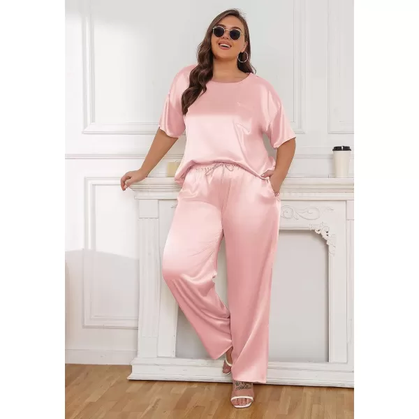 Ekouaer Silk Pajamas Womens Short Sleeve Sleepwear Soft Satin Long Pant Set Loungewear 2 Piece Print Pjs SetPlus Size Pink