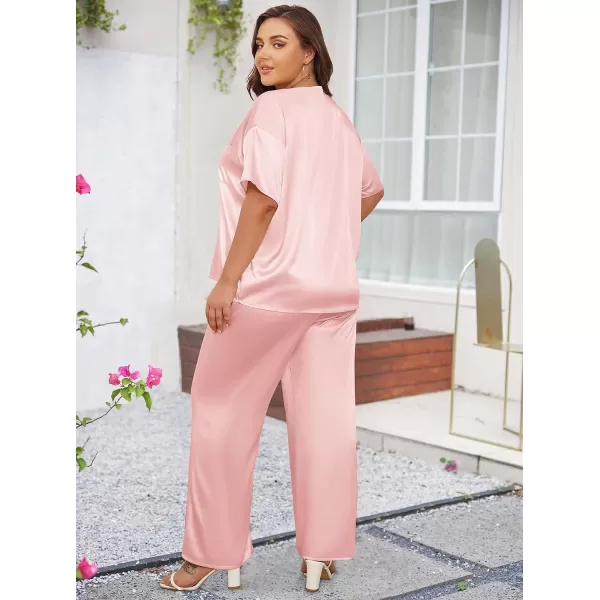 Ekouaer Silk Pajamas Womens Short Sleeve Sleepwear Soft Satin Long Pant Set Loungewear 2 Piece Print Pjs SetPlus Size Pink