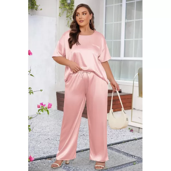 Ekouaer Silk Pajamas Womens Short Sleeve Sleepwear Soft Satin Long Pant Set Loungewear 2 Piece Print Pjs SetPlus Size Pink