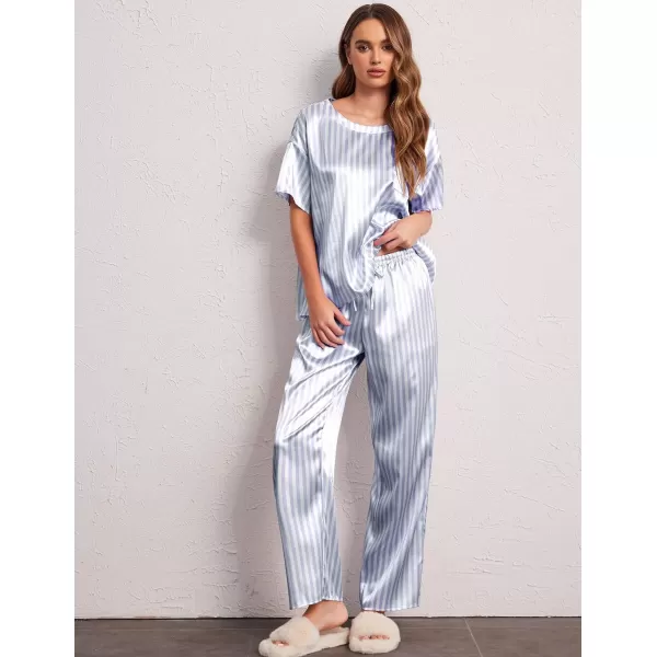 Ekouaer Silk Pajamas Womens Short Sleeve Sleepwear Soft Satin Long Pant Set Loungewear 2 Piece Print Pjs SetStandard Blue Stripes