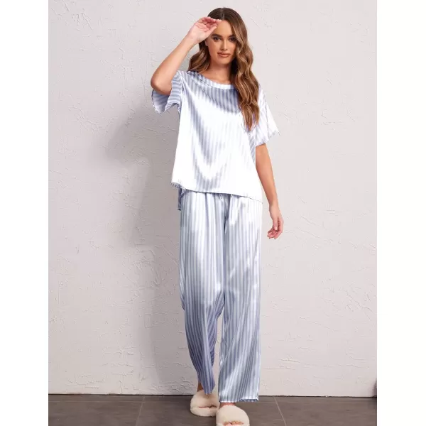 Ekouaer Silk Pajamas Womens Short Sleeve Sleepwear Soft Satin Long Pant Set Loungewear 2 Piece Print Pjs SetStandard Blue Stripes