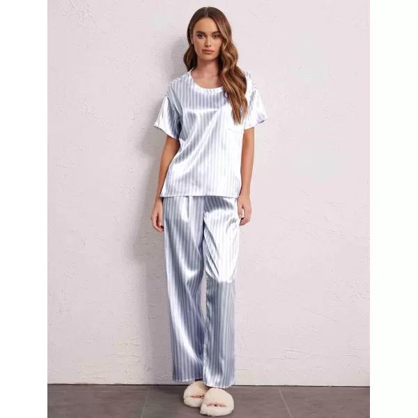 Ekouaer Silk Pajamas Womens Short Sleeve Sleepwear Soft Satin Long Pant Set Loungewear 2 Piece Print Pjs SetStandard Blue Stripes