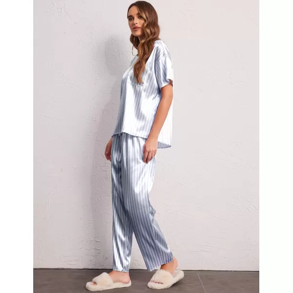 Ekouaer Silk Pajamas Womens Short Sleeve Sleepwear Soft Satin Long Pant Set Loungewear 2 Piece Print Pjs SetStandard Blue Stripes