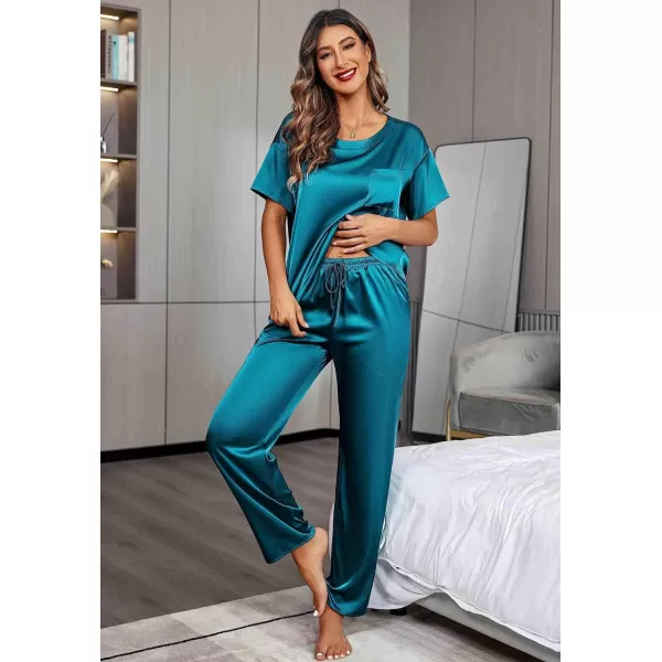 Ekouaer Silk Pajamas Womens Short Sleeve Sleepwear Soft Satin Long Pant Set Loungewear 2 Piece Print Pjs SetStandard Green