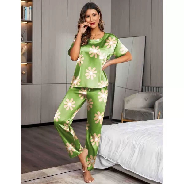 Ekouaer Silk Pajamas Womens Short Sleeve Sleepwear Soft Satin Long Pant Set Loungewear 2 Piece Print Pjs SetStandard Green Flower