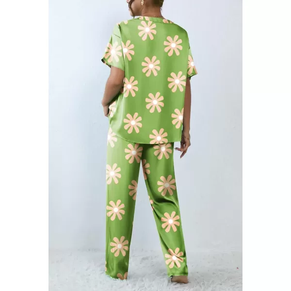 Ekouaer Silk Pajamas Womens Short Sleeve Sleepwear Soft Satin Long Pant Set Loungewear 2 Piece Print Pjs SetStandard Green Flower