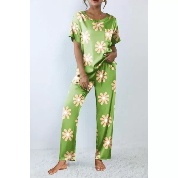 Ekouaer Silk Pajamas Womens Short Sleeve Sleepwear Soft Satin Long Pant Set Loungewear 2 Piece Print Pjs SetStandard Green Flower