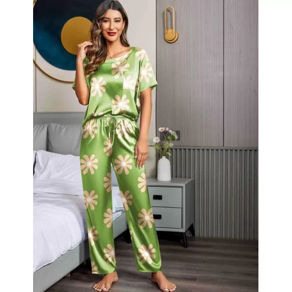 Ekouaer Silk Pajamas Womens Short Sleeve Sleepwear Soft Satin Long Pant Set Loungewear 2 Piece Print Pjs SetStandard Green Flower