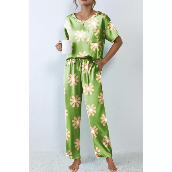 Ekouaer Silk Pajamas Womens Short Sleeve Sleepwear Soft Satin Long Pant Set Loungewear 2 Piece Print Pjs SetStandard Green Flower