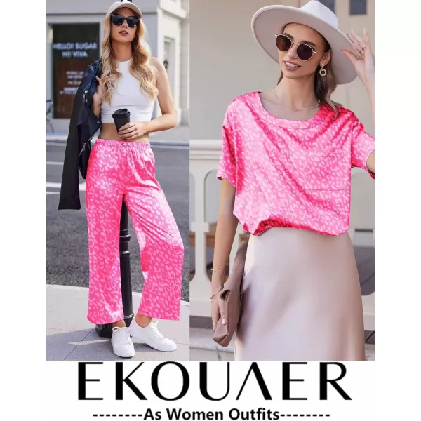 Ekouaer Silk Pajamas Womens Short Sleeve Sleepwear Soft Satin Long Pant Set Loungewear 2 Piece Print Pjs SetStandard Hot Pink Leopard