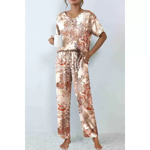 Ekouaer Silk Pajamas Womens Short Sleeve Sleepwear Soft Satin Long Pant Set Loungewear 2 Piece Print Pjs SetStandard Pink Floral