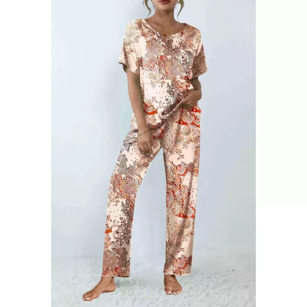 Ekouaer Silk Pajamas Womens Short Sleeve Sleepwear Soft Satin Long Pant Set Loungewear 2 Piece Print Pjs SetStandard Pink Floral