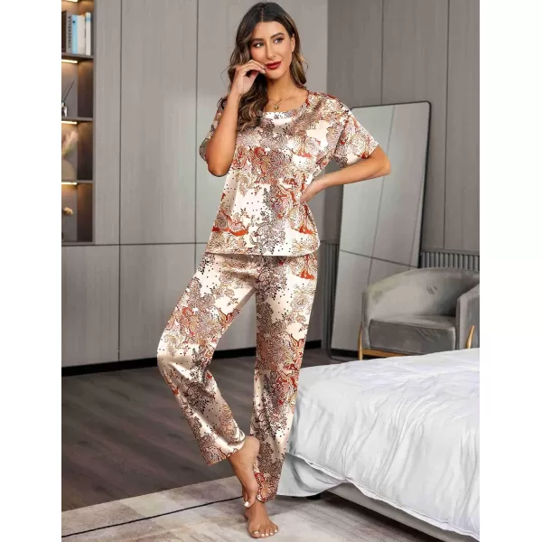 Ekouaer Silk Pajamas Womens Short Sleeve Sleepwear Soft Satin Long Pant Set Loungewear 2 Piece Print Pjs SetStandard Pink Floral