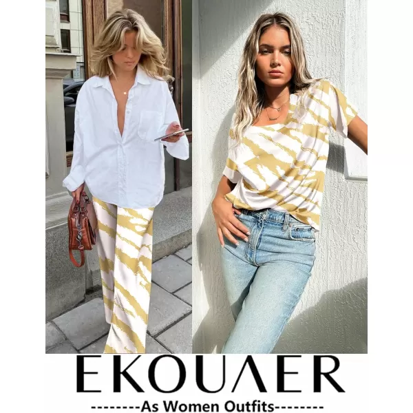 Ekouaer Silk Pajamas Womens Short Sleeve Sleepwear Soft Satin Long Pant Set Loungewear 2 Piece Print Pjs SetStandard Yellow Print