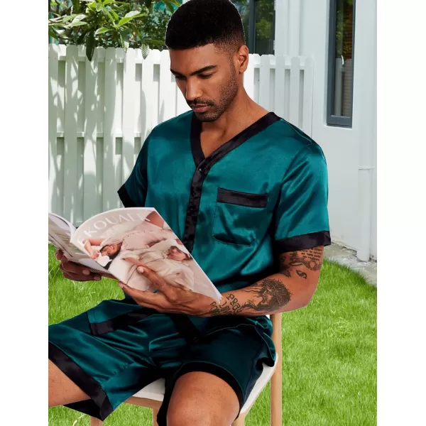 Ekouaer Silk Pajamas for Men Satin Pajama Shorts 2 Piece Button Down Pj Set V Neck Sleepwear Loungewear with Pockets SXXLDark Green