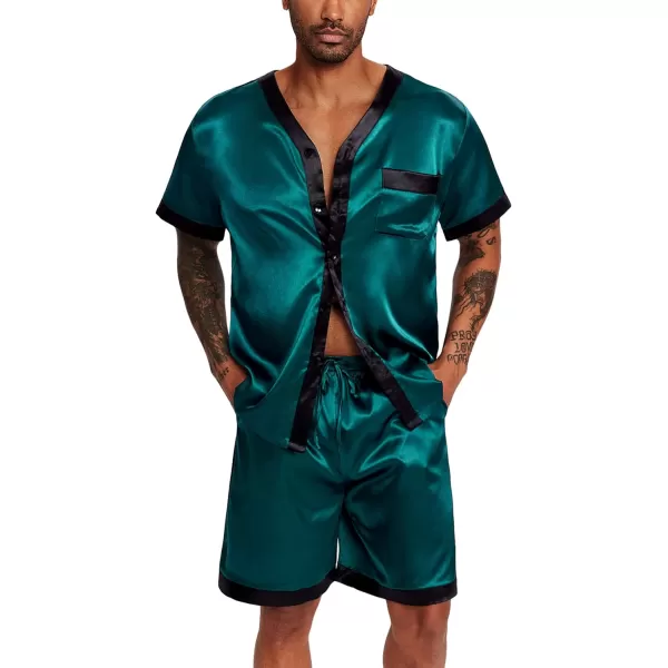 Ekouaer Silk Pajamas for Men Satin Pajama Shorts 2 Piece Button Down Pj Set V Neck Sleepwear Loungewear with Pockets SXXLDark Green