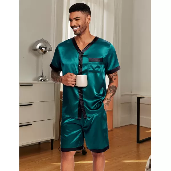 Ekouaer Silk Pajamas for Men Satin Pajama Shorts 2 Piece Button Down Pj Set V Neck Sleepwear Loungewear with Pockets SXXLDark Green