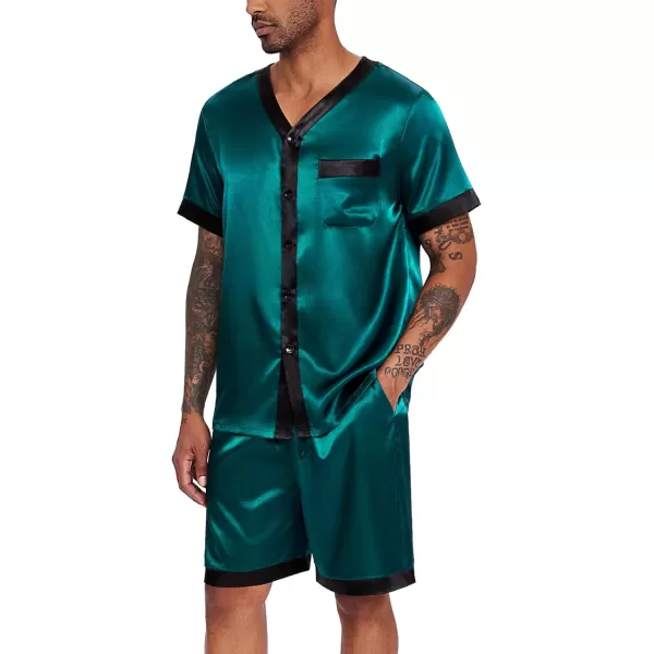 Ekouaer Silk Pajamas for Men Satin Pajama Shorts 2 Piece Button Down Pj Set V Neck Sleepwear Loungewear with Pockets SXXLDark Green