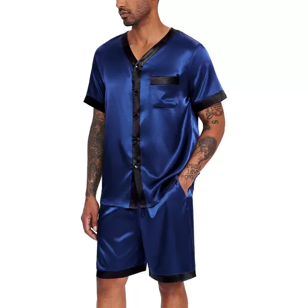 Ekouaer Silk Pajamas for Men Satin Pajama Shorts 2 Piece Button Down Pj Set V Neck Sleepwear Loungewear with Pockets SXXLNavy Blue